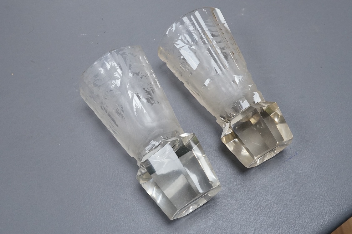 A pair of Bohemian intaglio engraved stag and doe beakers, late 19th century, height 15cm